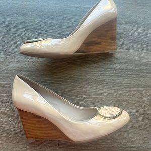 Tory Burch Nude Patent Leather Closed Toe Wedges